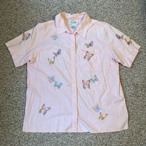 Vintage Quacker Factory Womens Short Sleeve Button Shirt Size 1X Pink Butterfly